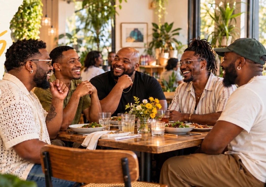 Friends laughing together around a dinner table in a sunny Dallas restaurant
